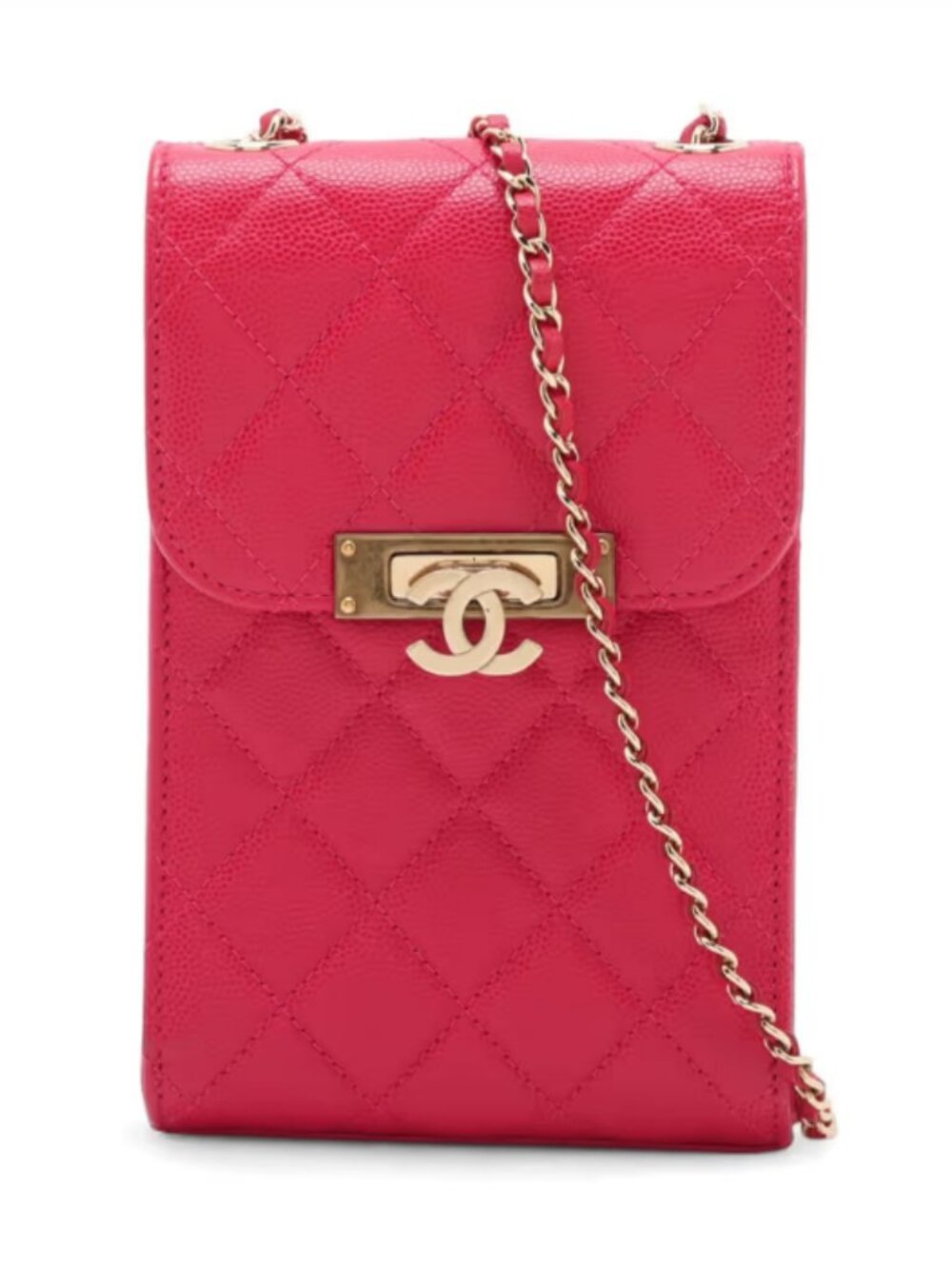 Chanel CC Logo Matelasse Caviar Skin Chain Phone Case Bag Hot Pink
